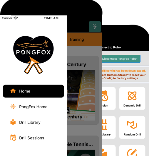 PongFox mobile app screens showing drills and robot controls