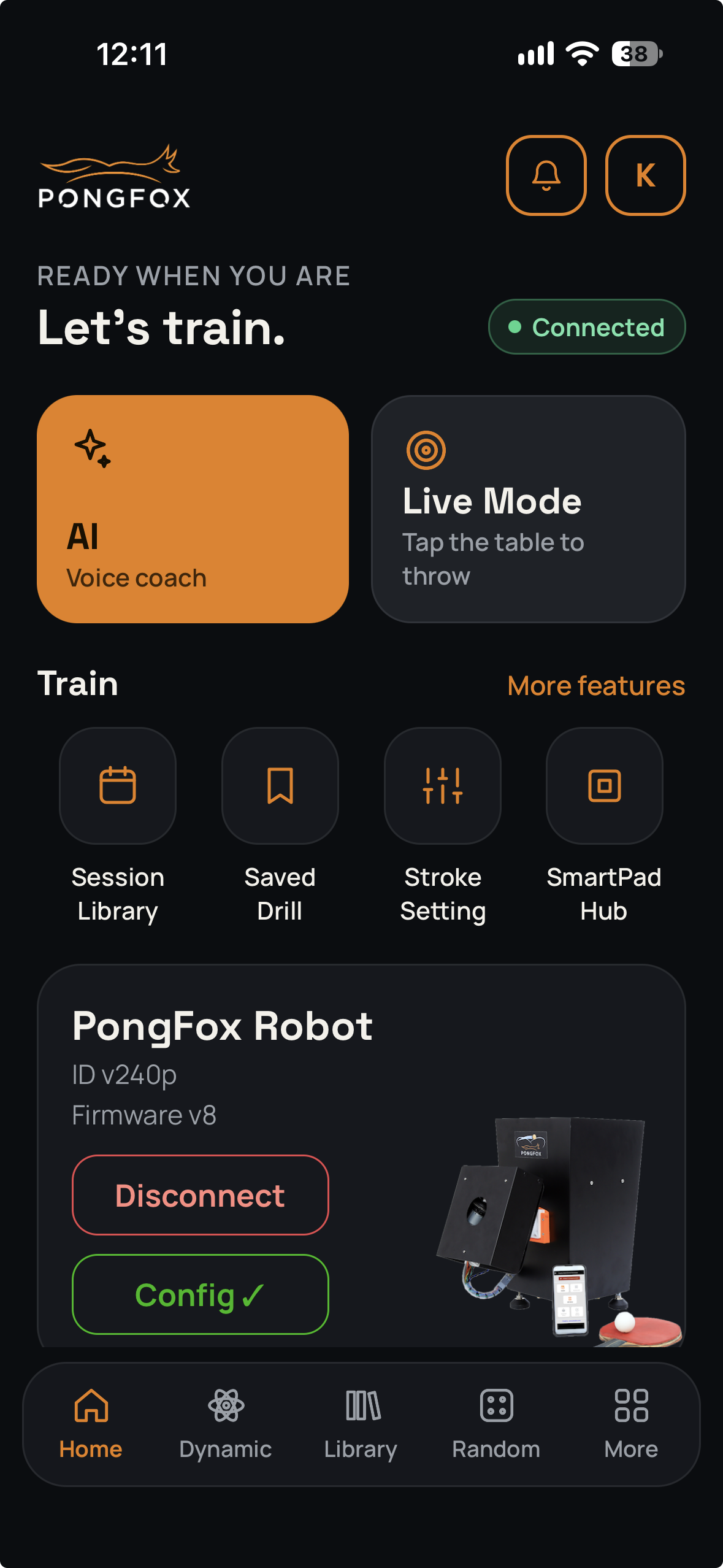 PongFox mobile app showing robot connection, AI Voice Coach and training modes.