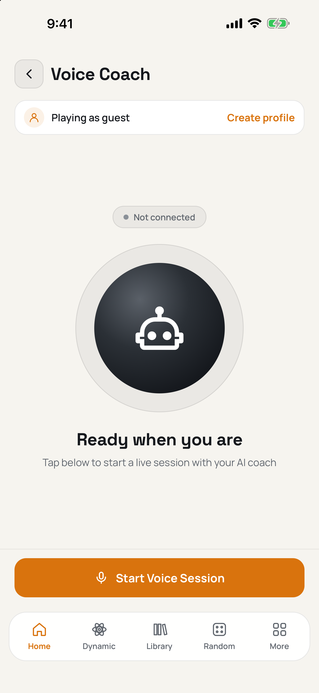 PongFox Voice Coach start screen showing Not connected and the Start Voice Session button